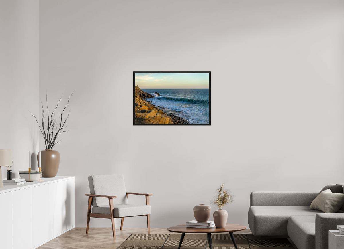 35.1 x 24″, Floater Frame Out on the Horizon Golden Glow Ocean Photography