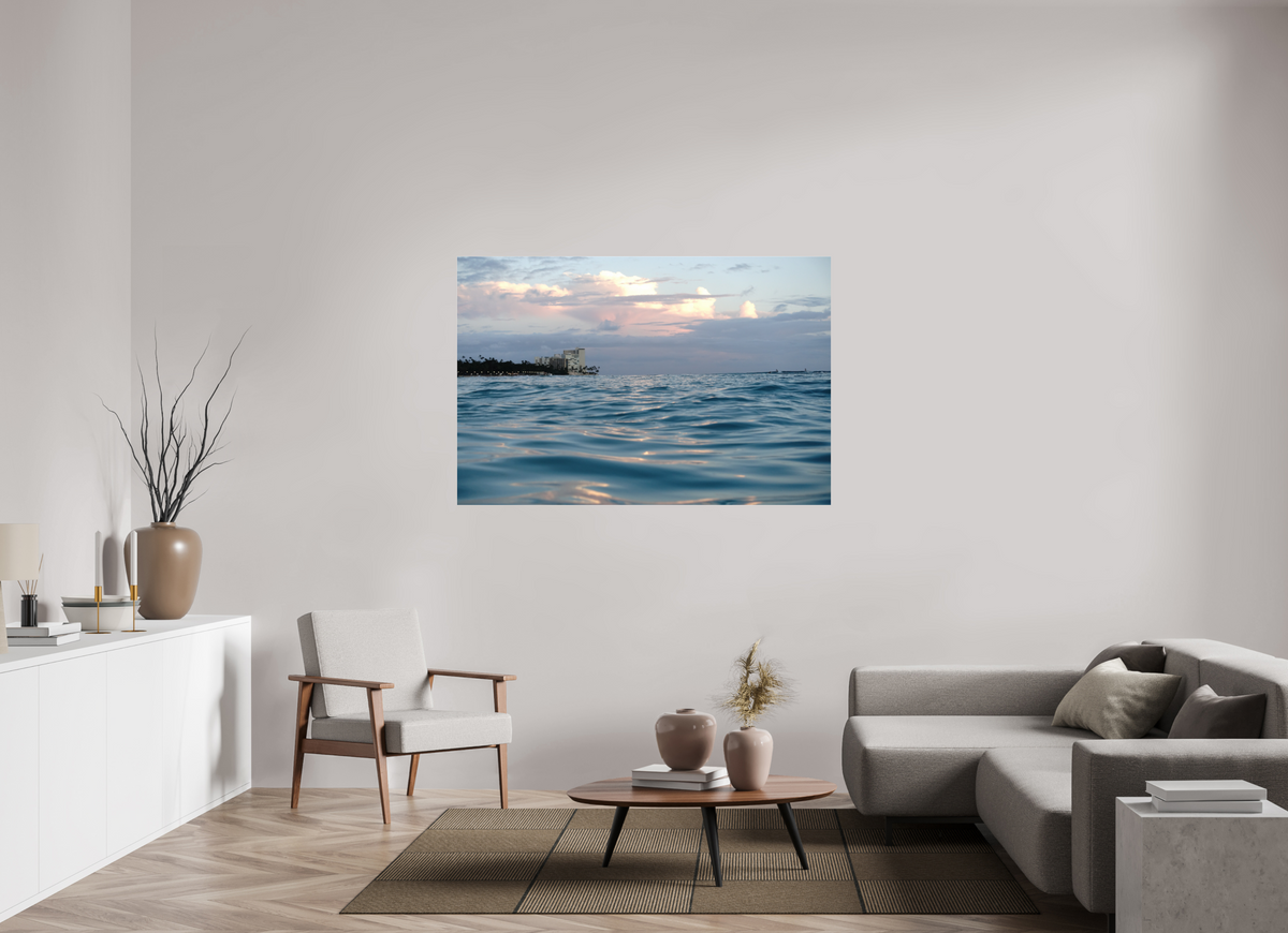 60 x 40″, Photo Print Under Acrylic Glass in the Water at Sunset-Photograph from the ocean at sunset in Waikiki
