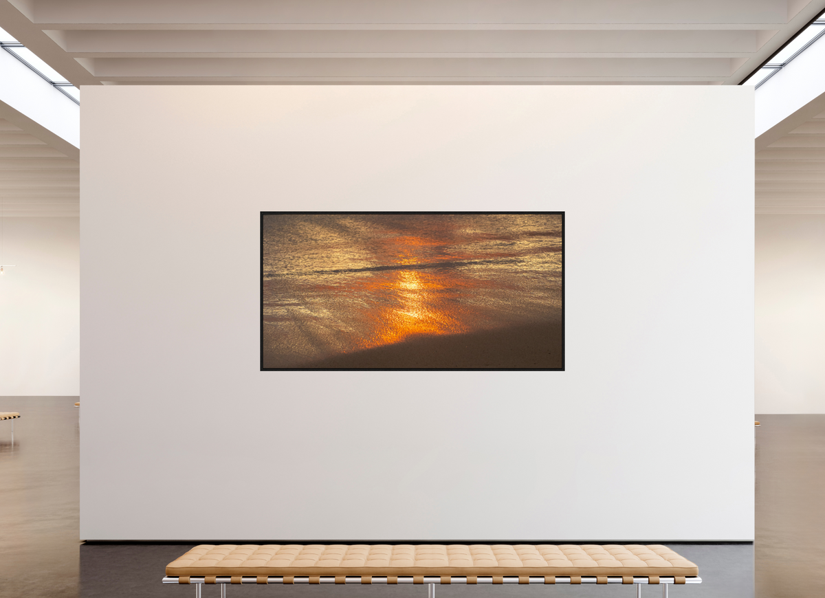 91.2 x 47″, Floater Frame Artists Palette-Photograph of Sunrise Glow Reflecting off the Water and Sand