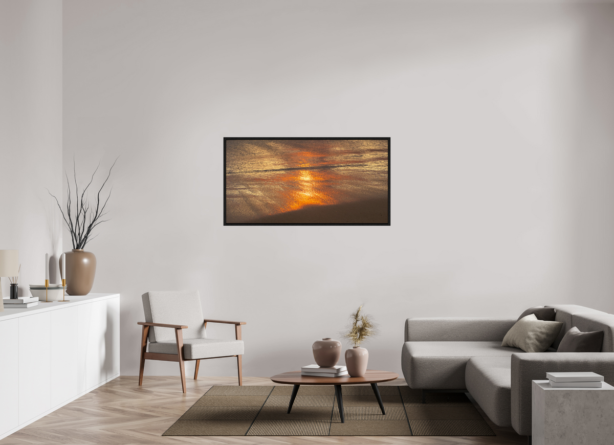 54.3 x 28″, Floater Frame Artists Palette-Photograph of Sunrise Glow Reflecting off the Water and Sand
