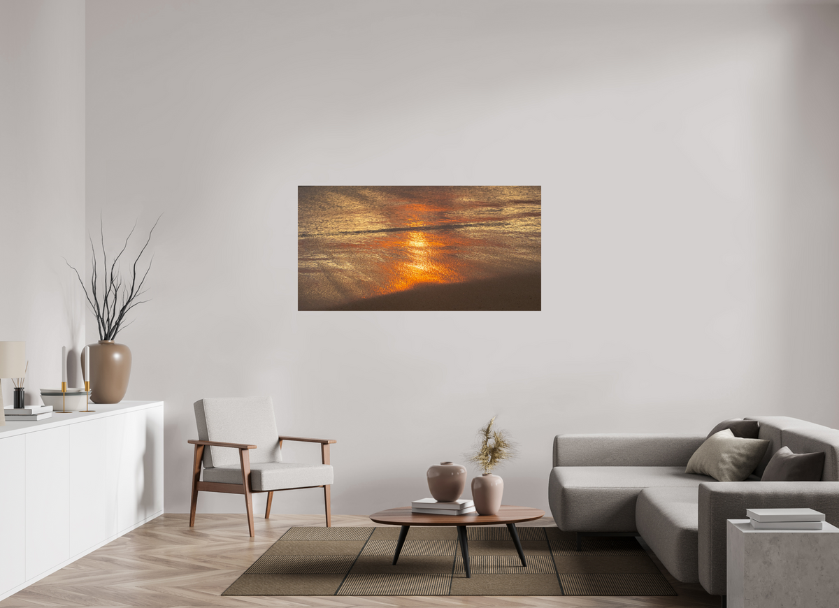 60.2 x 31″, Photo Print On Fuji Crystal DP II Artists Palette-Photograph of Sunrise Glow Reflecting off the Water and Sand