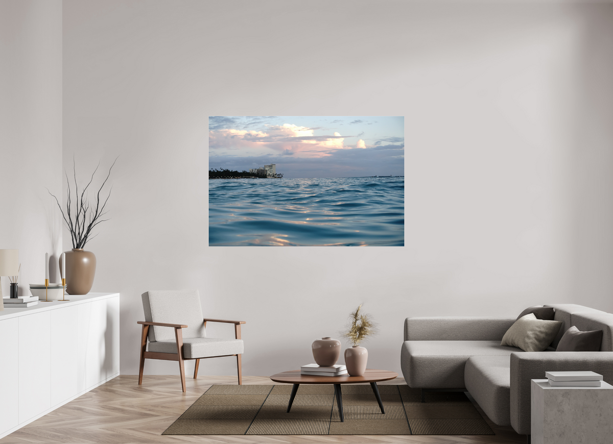 66 x 44″, Photo Print Under Acrylic Glass in the Water at Sunset-Photograph from the ocean at sunset in Waikiki