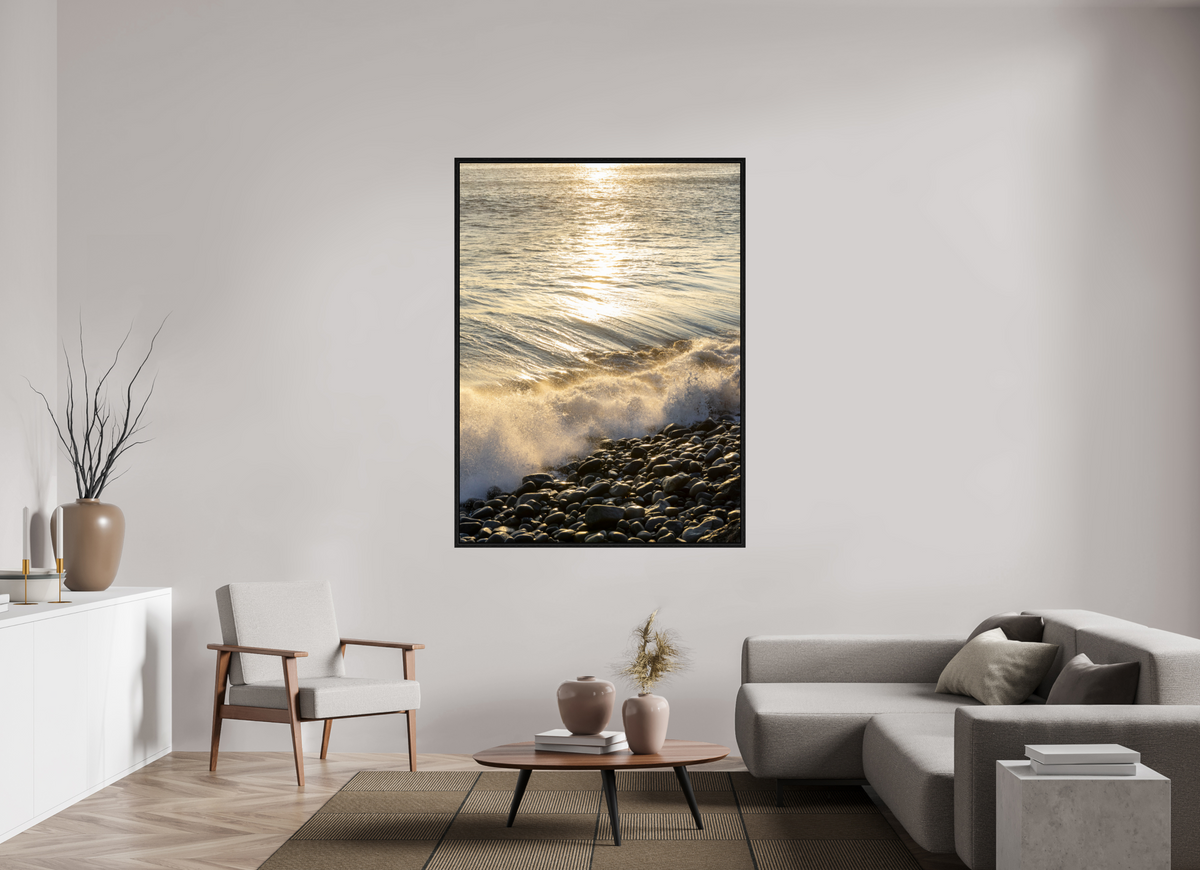 47 x 63.6″, Floater Frame Golden Sparkles at Point Dume Sunset Photography