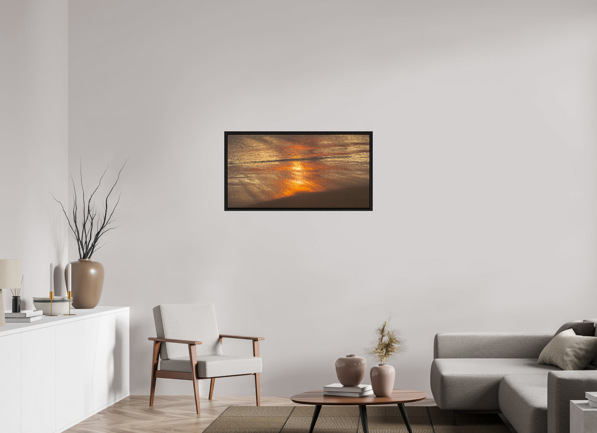 38.8 x 20″, Floater Frame Artists Palette-Photograph of Sunrise Glow Reflecting off the Water and Sand
