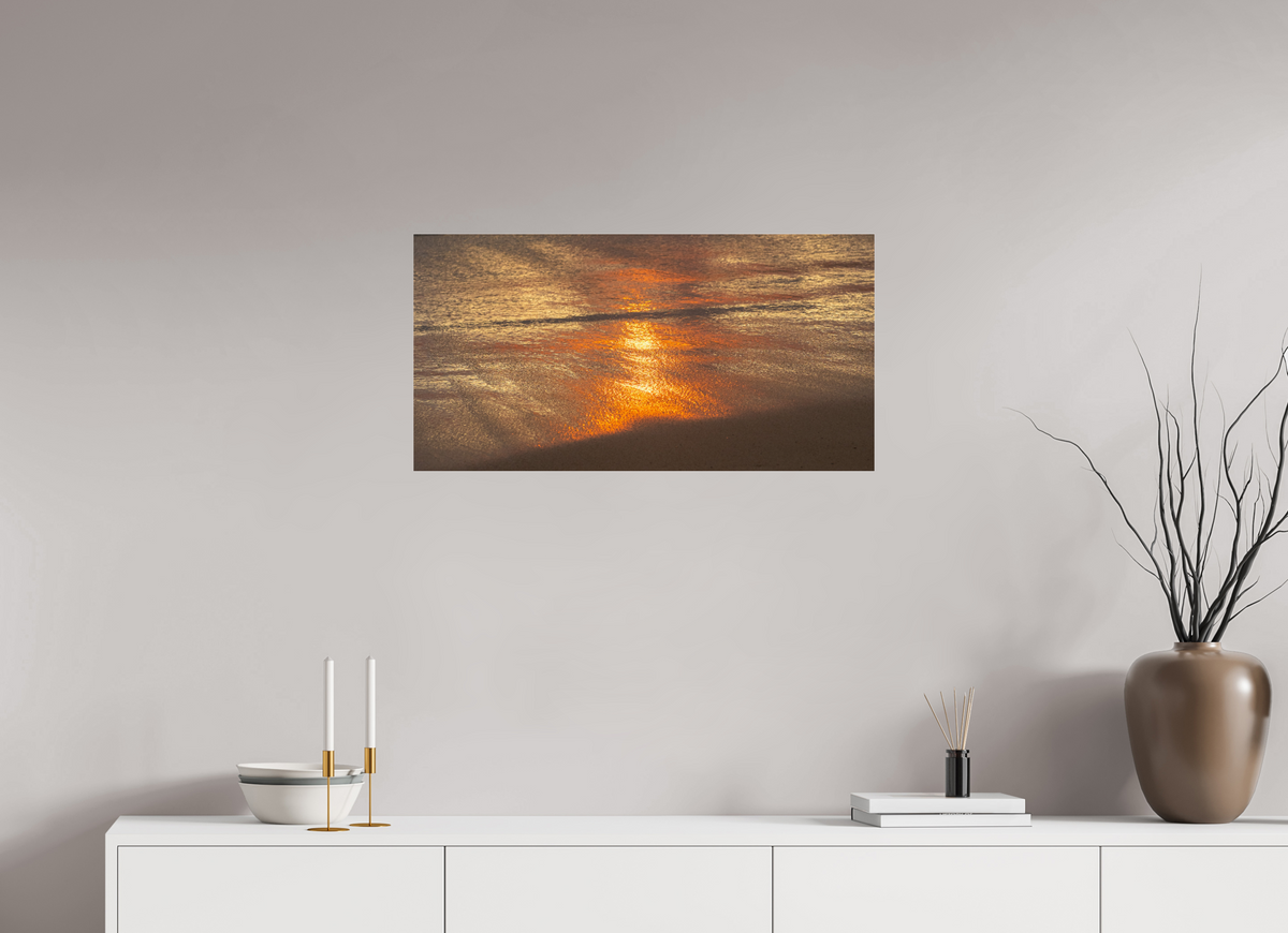 31.1 x 16″, Photo Print Under Acrylic Glass Artists Palette-Photograph of Sunrise Glow Reflecting off the Water and Sand