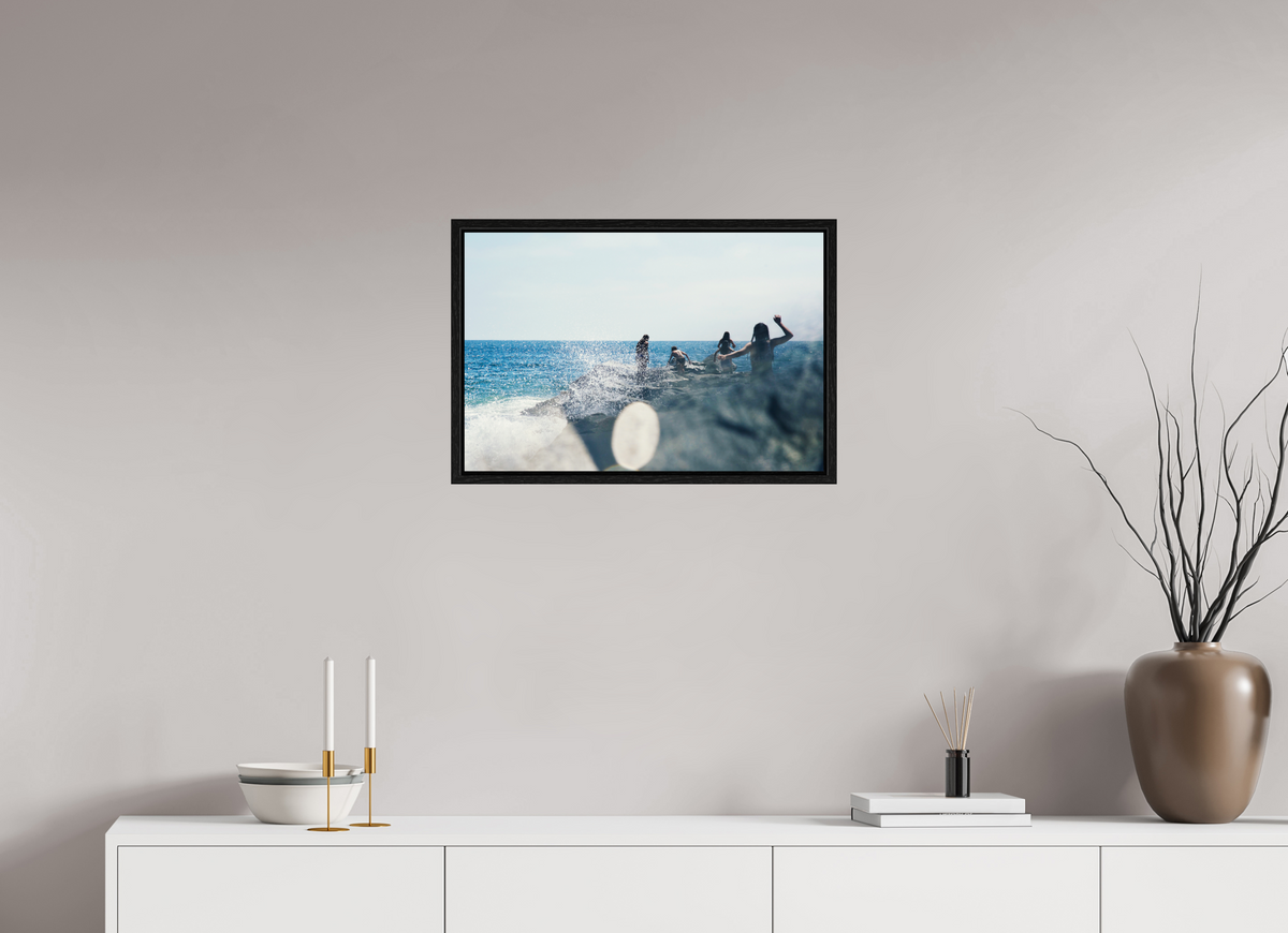 24 x 16″, Floater Frame Abstract Image of Girls Walking on Rock Jetty with Ocean Splashing