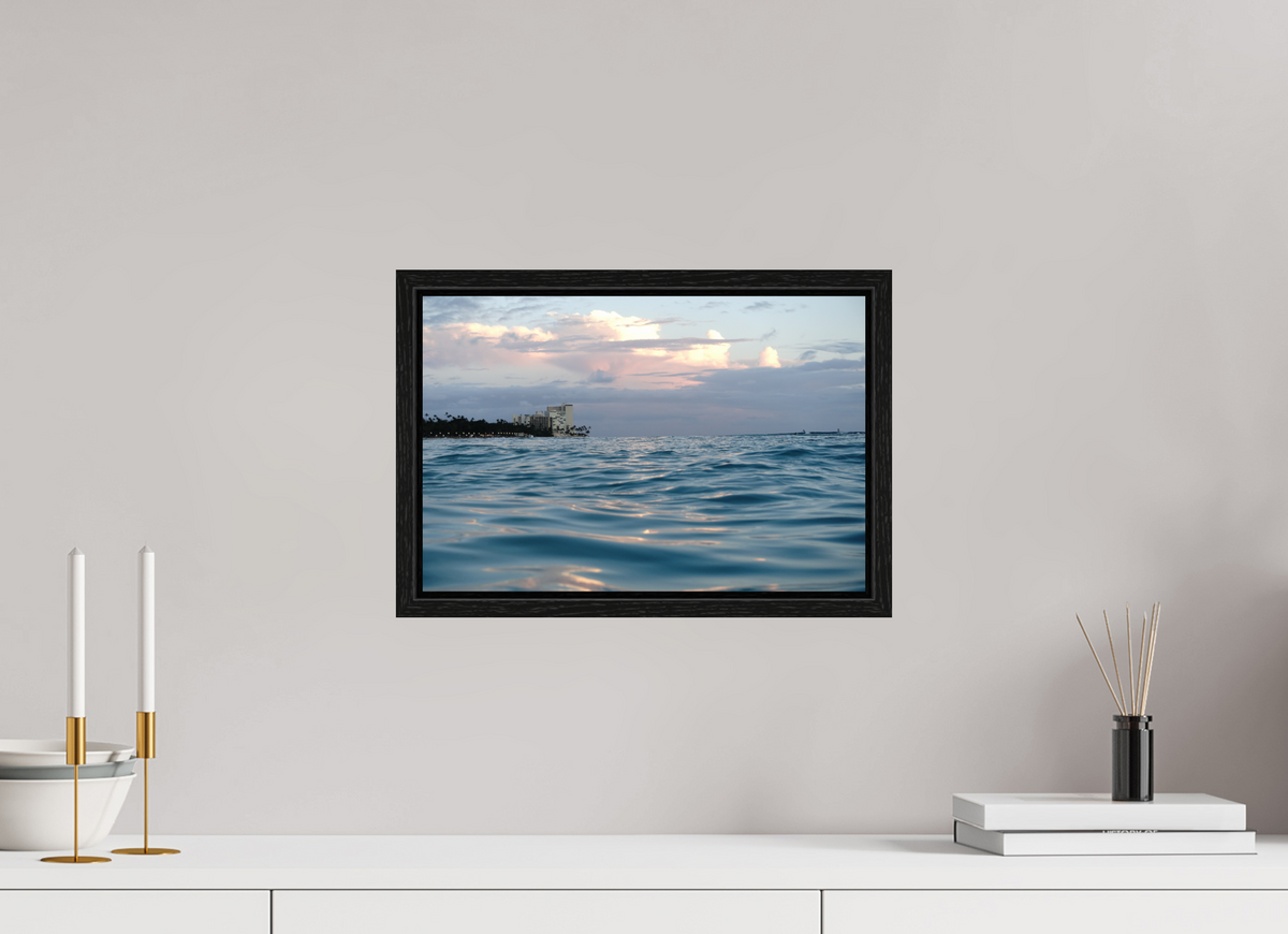 15 x 10″, Floater Frame in the Water at Sunset-Photograph from the ocean at sunset in Waikiki