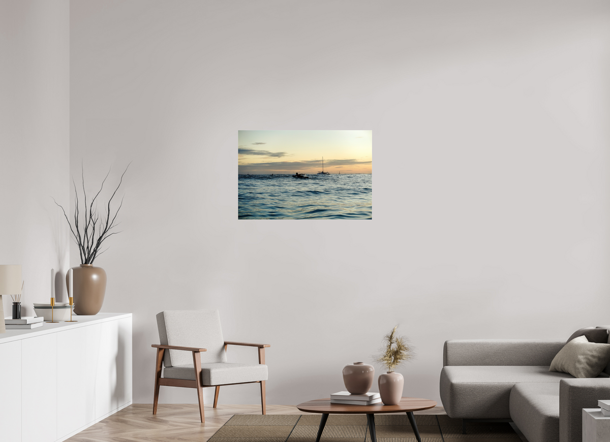 36 x 24″, Photo Print Under Acrylic Glass Photograph of Surfer Paddling Out as Sun Sets in Waikiki