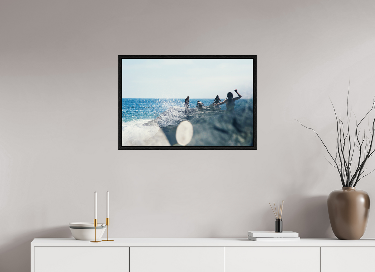 30 x 20″, Floater Frame Abstract Image of Girls Walking on Rock Jetty with Ocean Splashing