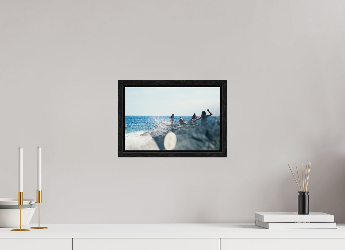 12 x 8″, Floater Frame Abstract Image of Girls Walking on Rock Jetty with Ocean Splashing