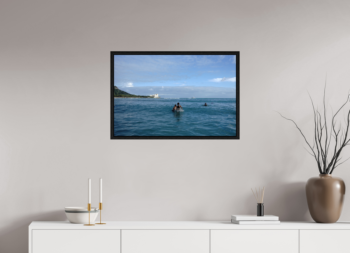 30 x 20″, Floater Frame Kids in the Water at Sunset in Waikiki