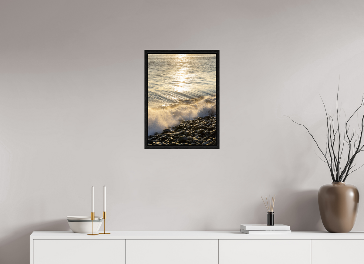 16 x 21.7″, Floater Frame Golden Sparkles at Point Dume Sunset Photography