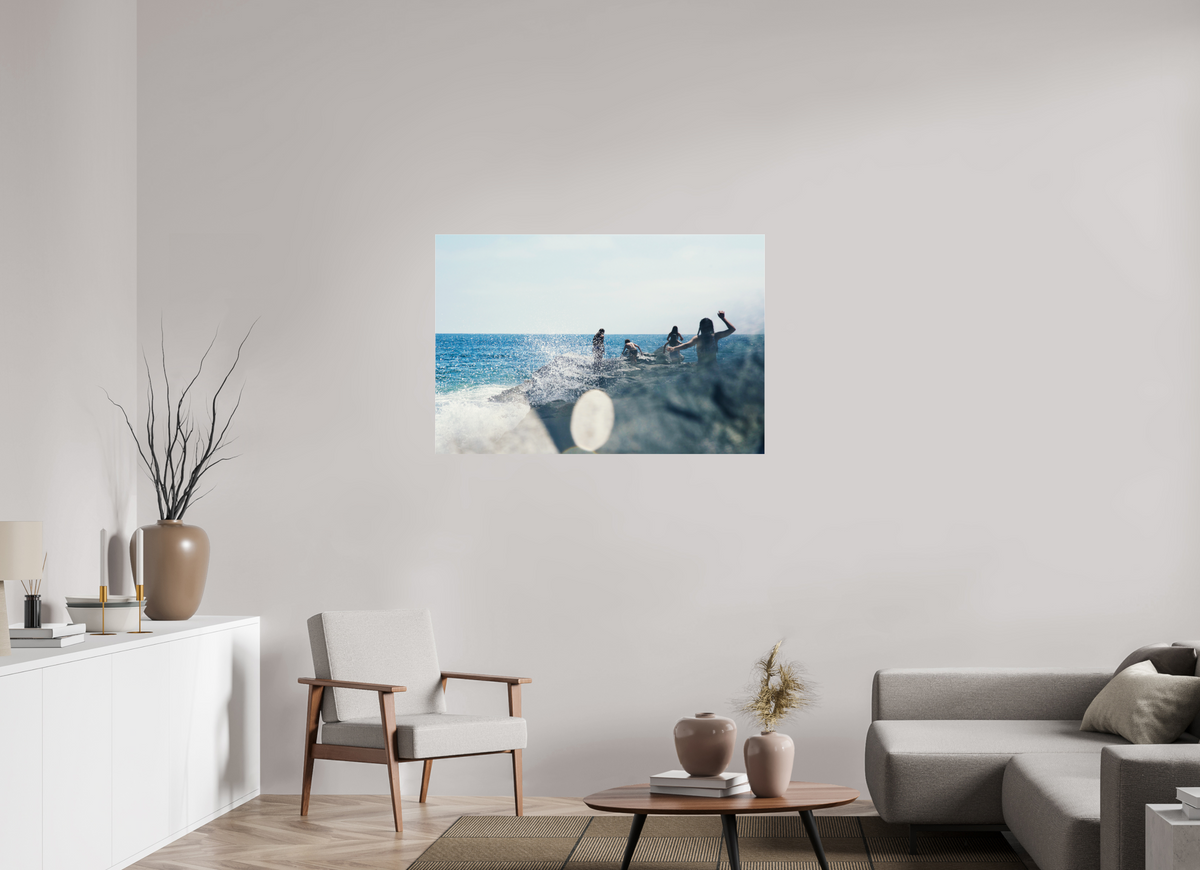45 x 30″, Photo Print Under Acrylic Glass Abstract Image of Girls Walking on Rock Jetty with Ocean Splashing