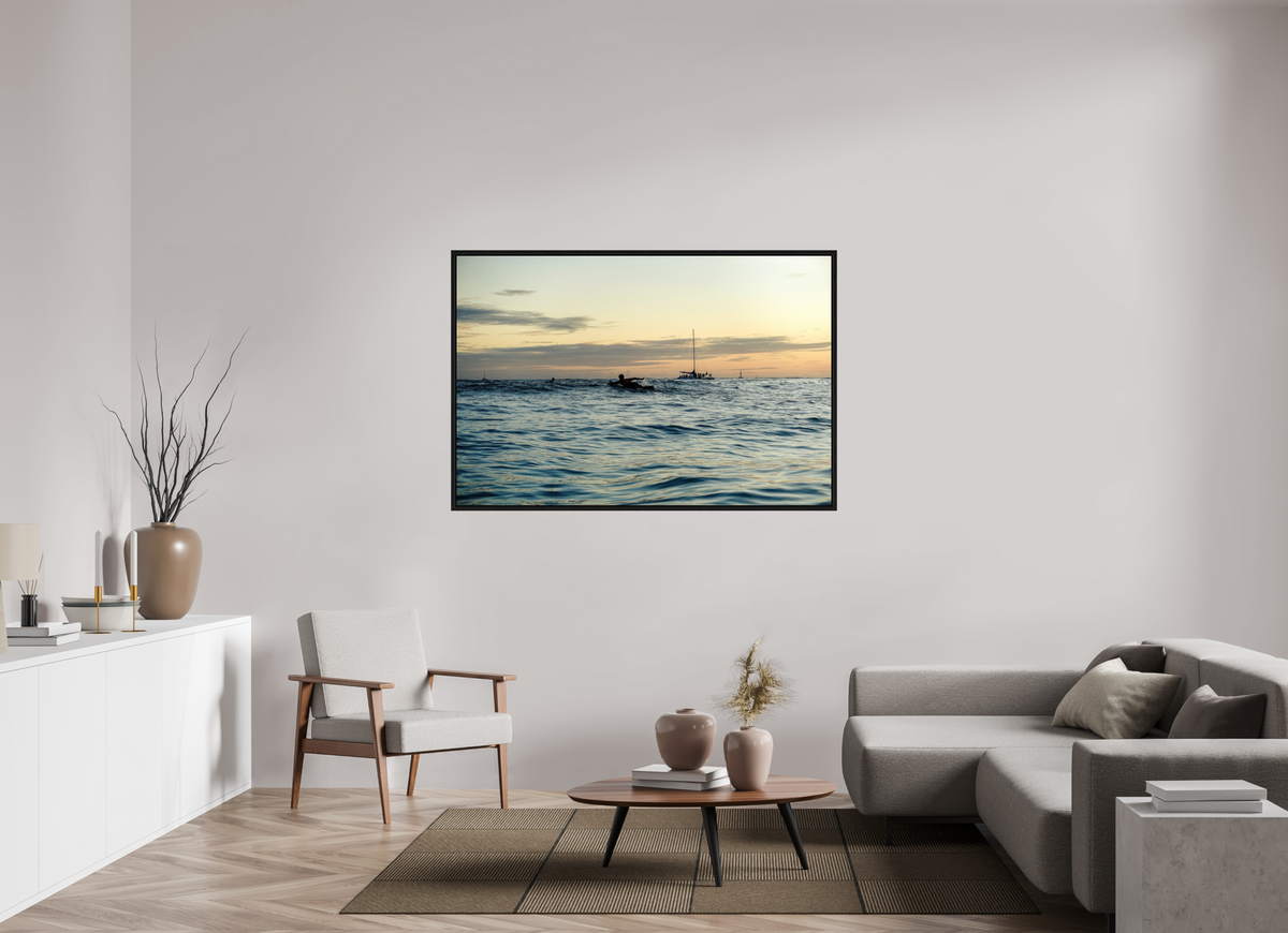 60 x 40″, Floater Frame Photograph of Surfer Paddling Out as Sun Sets in Waikiki