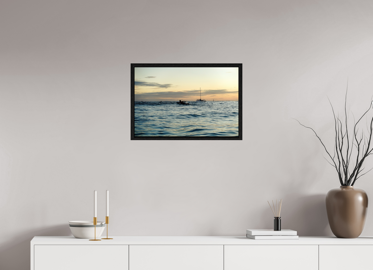 24 x 16″, Floater Frame Photograph of Surfer Paddling Out as Sun Sets in Waikiki