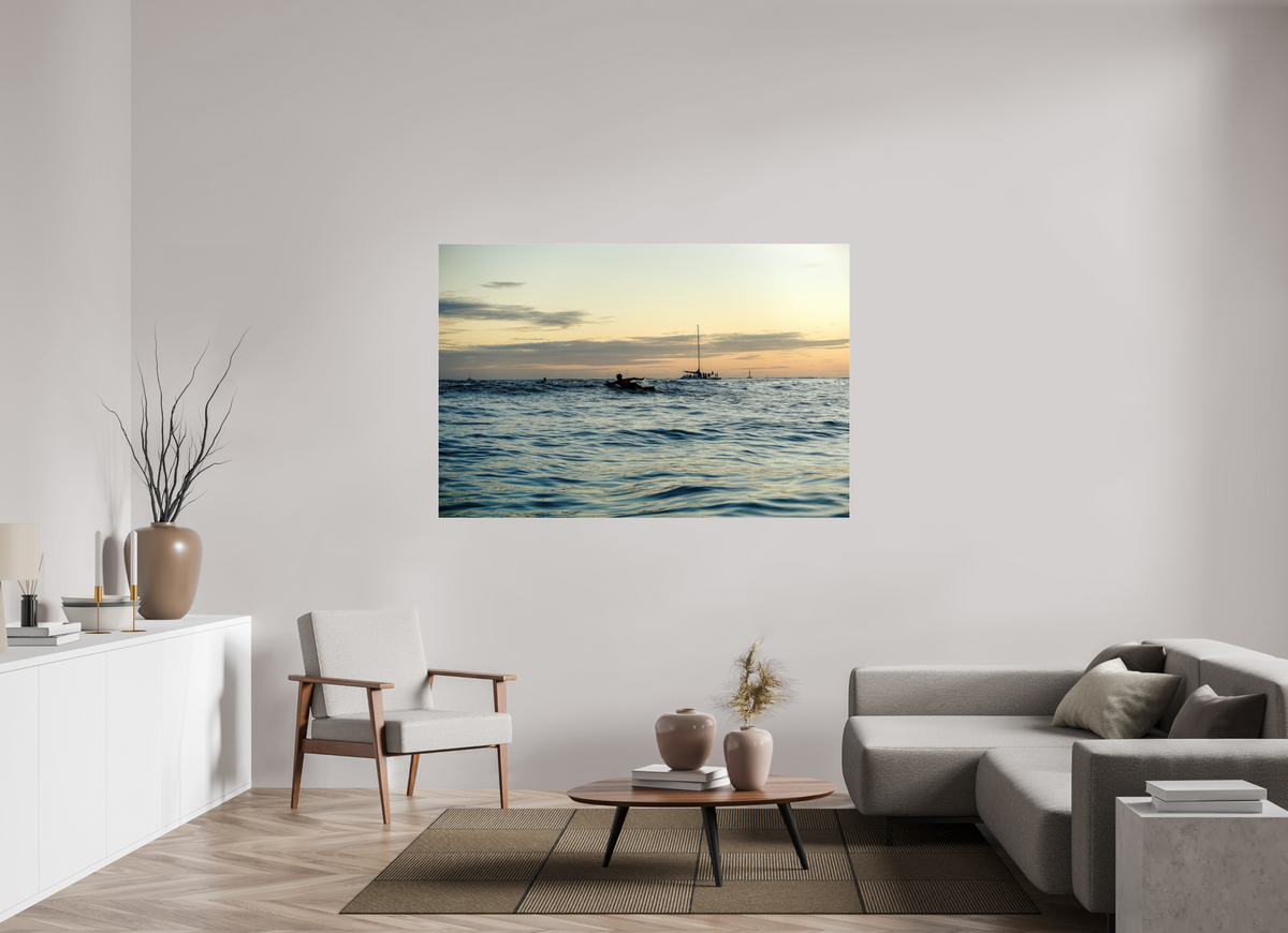 66 x 44″, Photo Print Under Acrylic Glass Photograph of Surfer Paddling Out as Sun Sets in Waikiki