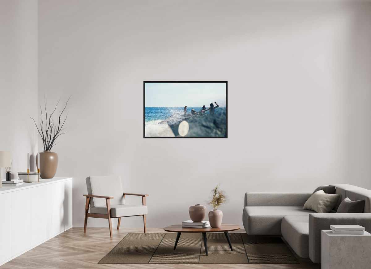 45 x 30″, Floater Frame Abstract Image of Girls Walking on Rock Jetty with Ocean Splashing