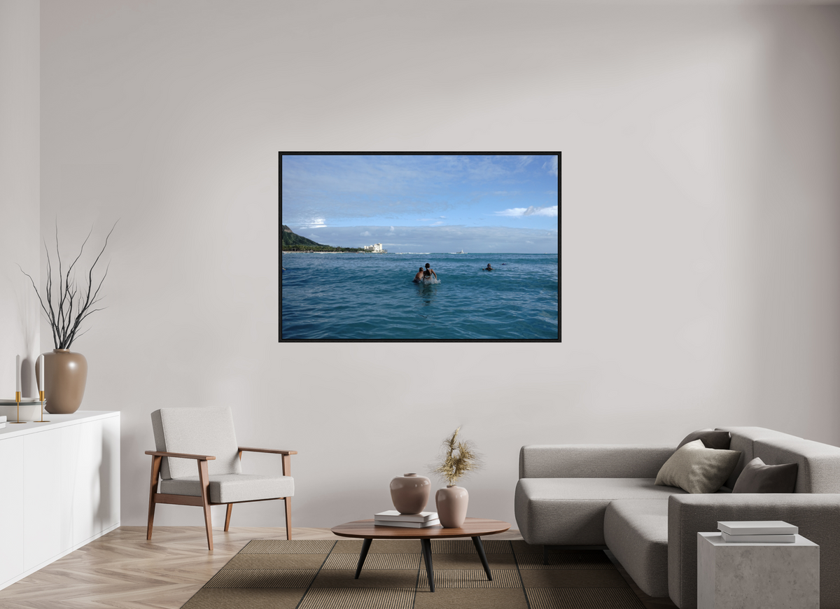 66 x 44″, Floater Frame Kids in the Water at Sunset in Waikiki