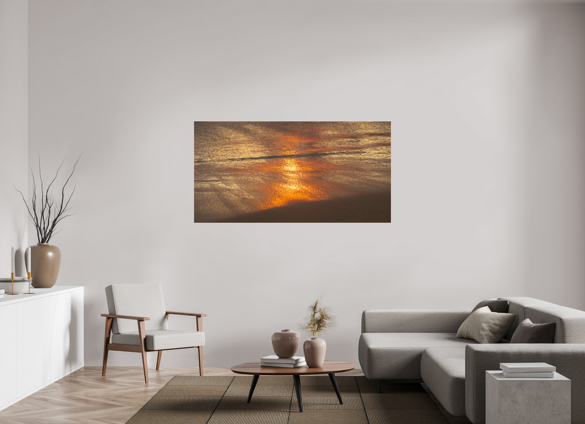 67.9 x 35″, Photo Print Under Acrylic Glass Artists Palette-Photograph of Sunrise Glow Reflecting off the Water and Sand