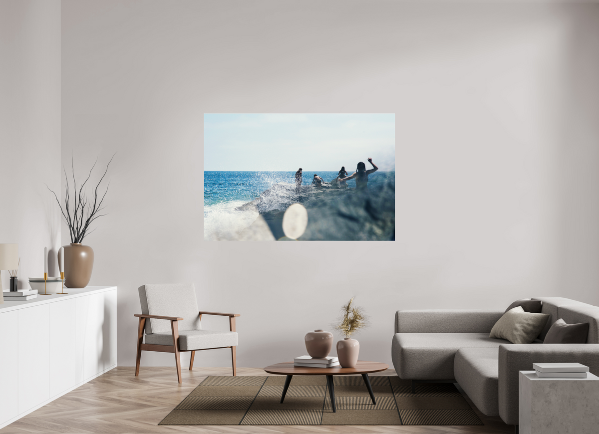 66 x 44″, Photo Print Under Acrylic Glass Abstract Image of Girls Walking on Rock Jetty with Ocean Splashing