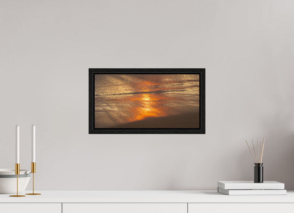 15.5 x 8″, Floater Frame Artists Palette-Photograph of Sunrise Glow Reflecting off the Water and Sand