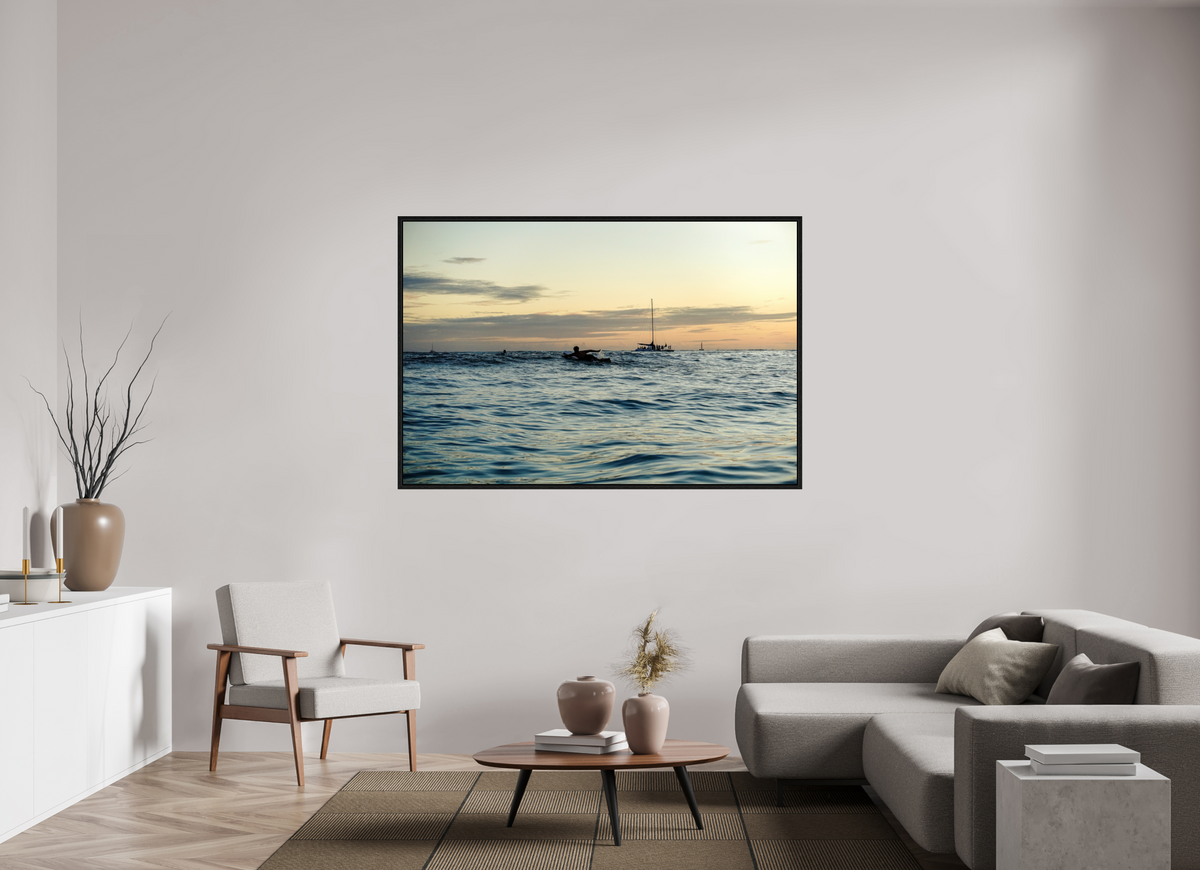66 x 44″, Floater Frame Photograph of Surfer Paddling Out as Sun Sets in Waikiki