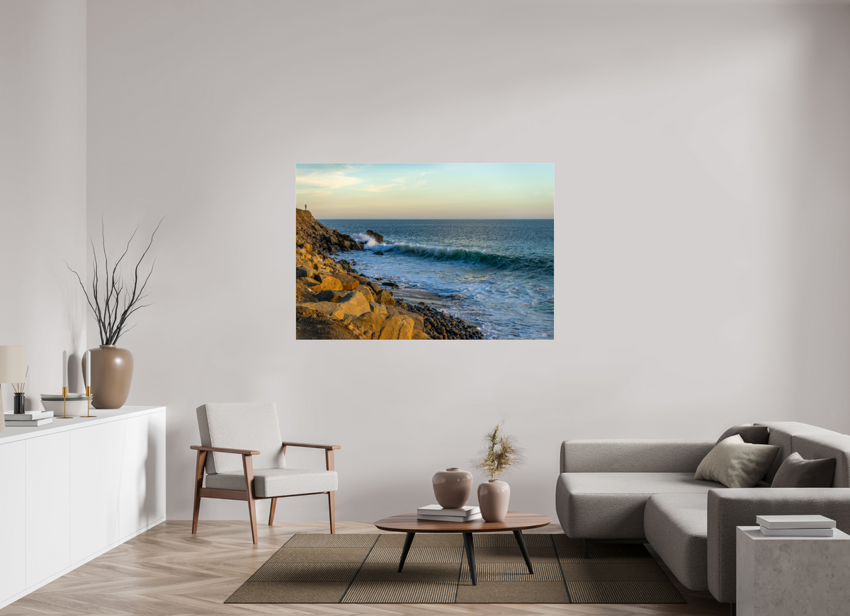 62.8 x 43″, Photo Print Under Acrylic Glass Out on the Horizon Golden Glow Ocean Photography