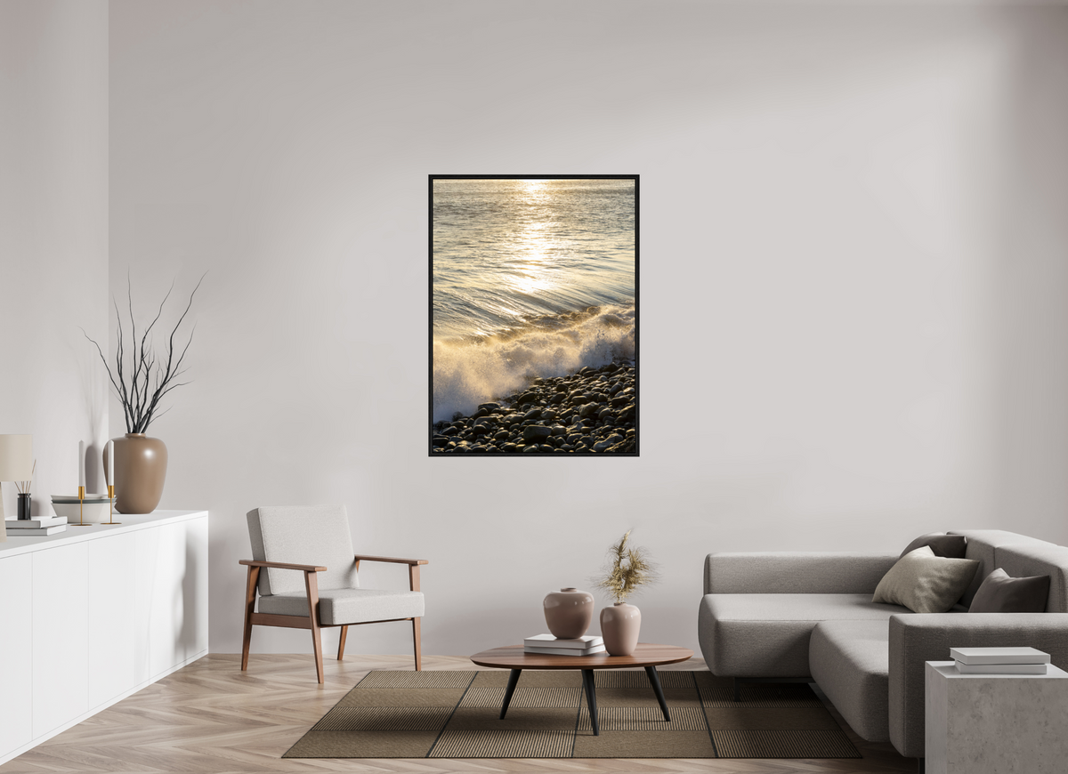 39 x 52.8″, Floater Frame Golden Sparkles at Point Dume Sunset Photography