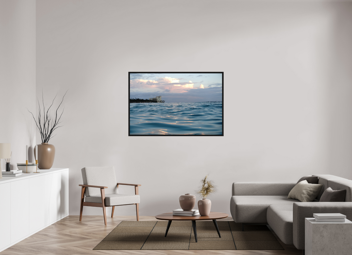 54 x 36″, Floater Frame in the Water at Sunset-Photograph from the ocean at sunset in Waikiki
